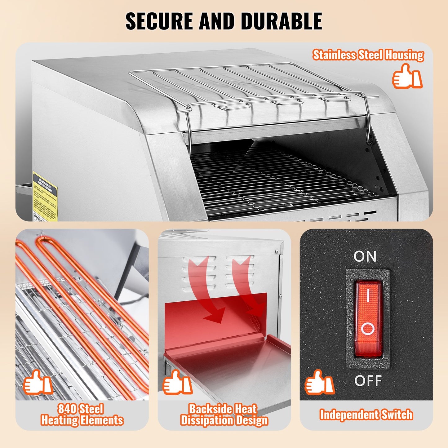 Commercial Conveyor Toaster, 300 Slices/Hour Conveyor Belt Toaster, Heavy Duty Stainless Steel Commercial Toaster Oven, Electric Restaurant Commercial Toaster For Toast Bun, Bagel, Bread