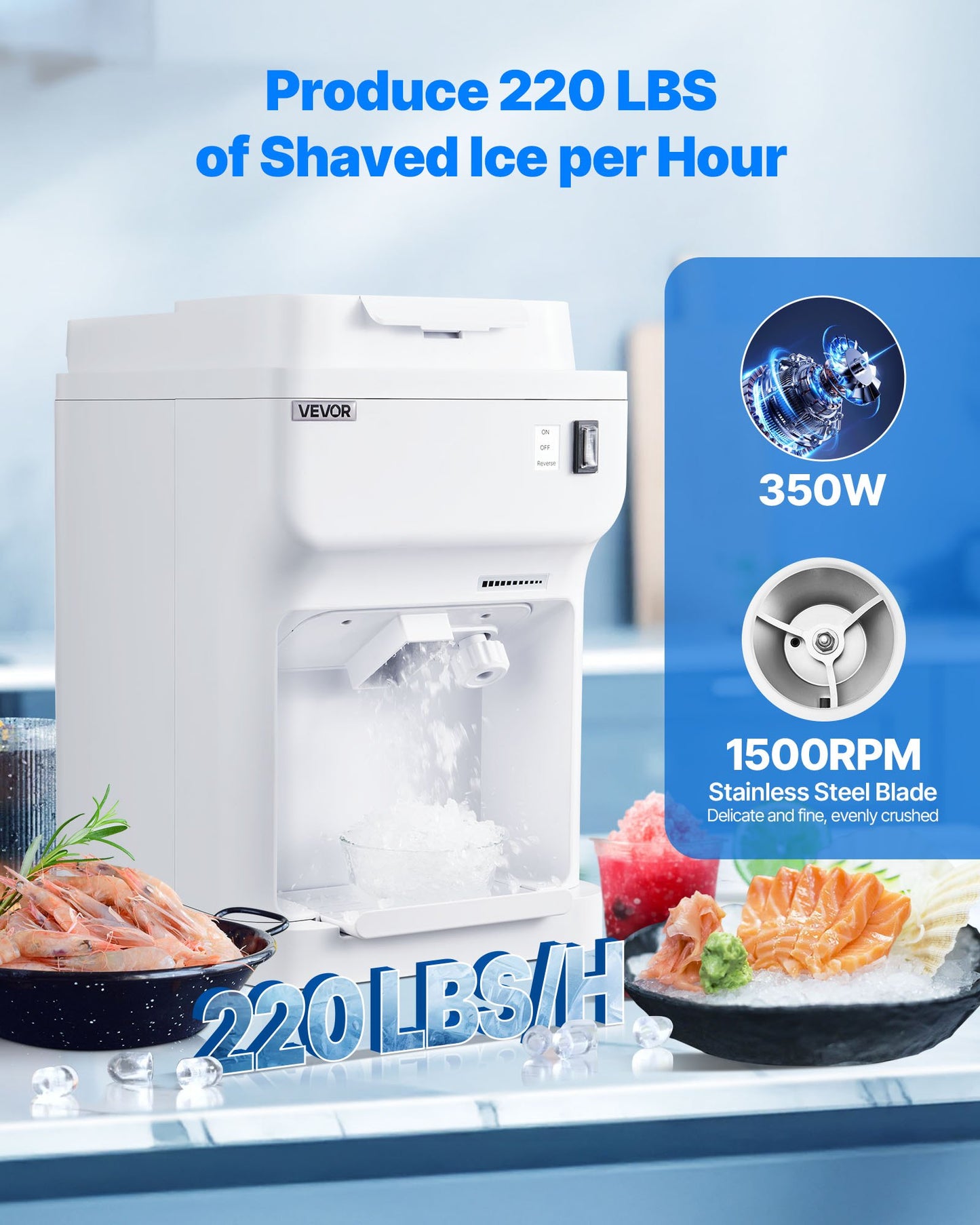 Commercial Ice Shaver 220LBS/H Electric Snow Cone Maker Ice Crusher White